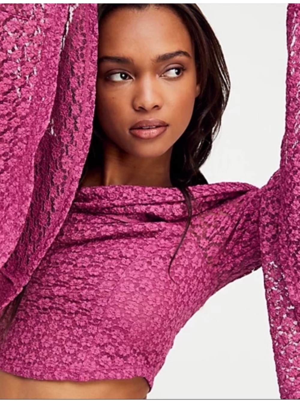 FREE PEOPLE LOLA OFF-SHOULDER LACE CROPPED BELL SLEEVE TOP BURGUNDY SZ L - Picture 3 of 13